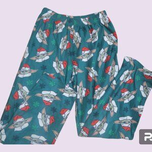 Men's baby yoda christmas sleep pj bottoms pajamas in green, white and red.